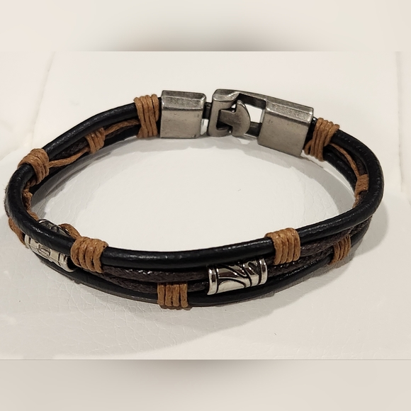 Vintage Leather Wrist Cuff Bangle, Black-brown Leather Bracelet - Picture 1 of 6
